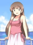  bare_shoulders blue_sky breasts brown_eyes brown_hair camisole casual cloud day freckles kamekichi_(kamekiti) kami_nomi_zo_shiru_sekai large_breasts long_hair ocean railing skirt sky smile solo terada_miyako 