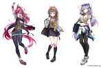  3girls :d ;d alternate_hairstyle anya_melfissa aqua_eyes arm_behind_head arm_up bag black_jacket black_pants black_pantyhose black_socks blonde_hair blue_shorts bow_hairband braid braided_bangs braided_ponytail bright_pupils brown_hair brown_shirt brown_shoes cahangonn center-flap_bangs closed_mouth clothes_around_waist colored_skin colored_tongue commentary copyright_notice cropped_shirt denim denim_shorts double-parted_bangs drill_hair drill_sidelocks english_commentary eyewear_on_head full_body gradient_hair grey_hair grey_skin grin hair_over_shoulder hairband high_ponytail hololive hololive_indonesia holoro jacket jacket_around_waist jewelry kneehighs kureiji_ollie long_hair looking_at_viewer midriff miniskirt multicolored_hair multiple_girls navel necklace official_alternate_costume official_art one_eye_closed open_mouth pants pantyhose parted_bangs pavolia_reine plaid_clothes plaid_skirt pleated_skirt ponytail purple_eyes purple_tongue red_hair red_shoes scrunchie shirt shirt_tucked_in shoes short_shorts shorts shoulder_bag sidelocks simple_background skirt sleeveless sleeveless_jacket smile sneakers socks stitched_arm stitched_face stitches streaked_hair swept_bangs symbol-shaped_pupils t-shirt torn_clothes torn_pantyhose very_long_hair virtual_youtuber wavy_hair white_background white_jacket white_pupils wrist_scrunchie wristband x-shaped_pupils yellow_eyes zombie 
