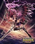  anbe_yoshirou armor armpits breasts cleavage copyright_name horns large_breasts long_hair magic_circle pink_eyes pink_hair shinma_x_keishou!_ragnabreak solo sword thighhighs weapon wings 