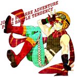  abs aji_paba blue_eyes boots fingerless_gloves gloves goggles hat helmet highres hip_bones jojo_no_kimyou_na_bouken joseph_joestar_(young) male_focus midriff motorcycle_helmet one_eye_closed red_hair scarf solo 