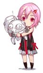  1girl aoin chibi company_connection crossover dress ghost_in_the_shell ghost_in_the_shell_stand_alone_complex guilty_crown hair_ornament hairclip hug pink_hair production_ig red_eyes ribbon standing tachikoma yuzuriha_inori 