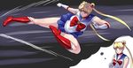  78_(tky8) bishoujo_senshi_sailor_moon blonde_hair blue_eyes blue_sailor_collar blue_skirt boots bow breasts choker double_bun earrings elbow_gloves flying_kick gloves high_heels imagining jewelry kamen_rider kicking knee_boots large_breasts legs long_hair long_legs magical_girl parody red_bow red_choker rider_kick sailor_collar sailor_moon sailor_senshi_uniform shoes skirt solo steepled_fingers thighs tiara tsukino_usagi twintails white_gloves 