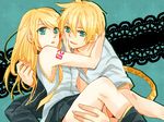  1girl blonde_hair brother_and_sister carrying green_eyes hair_down kagamine_len kagamine_rin kvchi open_mouth siblings smile vocaloid 
