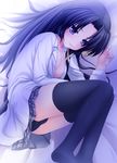  black_hair hair_ribbon highres kurugaya_yuiko little_busters! long_hair lying on_side open_clothes open_shirt panties pantyshot purple_eyes ribbon school_uniform shirt takacchi thighhighs underwear 