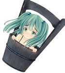  bikini bucket green_eyes green_hair hair_bobbles hair_ornament highres in_bucket in_container kisume kiyomin short_hair simple_background solo swimsuit touhou twintails white_background wooden_bucket 