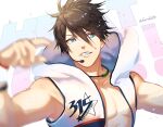  1boy akuno_hideo arm_up bare_pectorals blue_eyes bracelet brown_hair commentary_request english_text hair_between_eyes haruko_(haruhello) headset highres hood hood_down idolmaster idolmaster_side-m jewelry looking_to_the_side male_focus necklace pectorals sideways_glance sleeveless smile solo sweat teeth twitter_username upper_body 