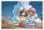  2girls :d beanie blue_bow blue_eyes blue_sailor_collar blue_skirt blue_sky border bow braid brown_eyes brown_hair bug comfey cutiefly field floral_print flower flower_field full_body green_shorts hat heterochromia highres hoppip jumpluff looking_at_another multiple_girls on_grass open_mouth orange_flower outdoors pink_eyes pink_flower pink_hair pink_ribbon pokemon pokemon_(creature) pokemon_sm red_flower red_hat ribbon robinlovesop sailor_collar school_uniform selene_(pokemon) shirt short_hair short_sleeves shorts single_braid sitting skirt sky smile socks tied_shirt unworn_hat unworn_headwear white_border white_shirt white_socks yellow_shirt z-ring 
