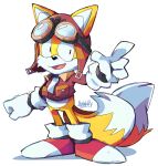  1boy :d alexwolfy animal_ears animal_nose artist_name body_fur bomber_jacket bottomless commentary dated eyewear_on_head fox_boy fox_ears fox_tail full_body furry furry_male gloves goggles goggles_on_head happy helmet jacket long_sleeves looking_at_viewer male_focus multiple_tails open_mouth scarf shoes signature simple_background sketch smile solo sonic_(series) sonic_speed_simulator standing tail tails_(aviator)_(sonic) tails_(sonic) two_tails white_background white_fur white_gloves white_scarf yellow_fur 