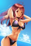  armpits arms_up beach bikini breasts choker cleavage cloud day denden_(dendenden) dutch_angle large_breasts long_hair maou_(maoyuu) maoyuu_maou_yuusha ocean outdoors red_eyes red_hair side-tie_bikini sky smile solo swimsuit toned underboob wet 