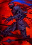  1boy armor armored_boots arondight_(fate) berserker_(fate/zero) black_armor boots diffraction_spikes dynamic_pose fate/grand_order fate_(series) faulds foot_out_of_frame full_armor gauntlets glowing glowing_eyes hand_up helm helmet holding holding_sword holding_weapon male_focus official_art outstretched_arm plume red_background shoulder_armor solo sword third-party_source weapon 