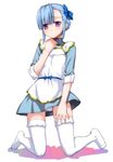  apron bangs be_with_hiroshi_uniform blue_bow blue_dress blue_hair bow dress fin_e_ld_si_laffinty hair_bow hand_on_own_chest kneeling panties pantyshot pantyshot_(kneeling) parted_bangs purple_eyes rinne_no_lagrange short_hair sleeves_rolled_up solo thighhighs underwear waitress white_apron white_legwear white_panties yaya_hinata 