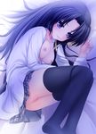  black_hair breasts hair_ribbon highres kurugaya_yuiko little_busters! long_hair lying medium_breasts nipples no_bra on_side open_clothes open_shirt panties panty_pull pantyshot purple_eyes pussy ribbon school_uniform shirt solo takacchi thighhighs underwear 