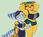 2025 angela_cross anthro big_breasts blue_eyes bottle bottomwear bra breasts clothing colored_sketch container cybernetic_arm cybernetic_limb duo eyebrows eyes_closed female fur hands_behind_head larger_female lombax mammal midriff omegasunburst ratchet_and_clank rivet_(ratchet_and_clank) shorts size_difference sketch smile sony_corporation sony_interactive_entertainment sports_bra stripes thick_thighs underwear water_bottle white_body white_fur wide_hips yellow_body yellow_fur