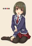  :d black_legwear blush brown_eyes brown_hair color_guide full_body loafers looking_at_viewer necktie open_mouth original pantyhose plaid plaid_skirt school_uniform shoes short_hair simple_background sitting skirt smile solo unasaka_ryou yokozuwari 