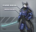 absurd_res anthro armor energy_sword eye_markings fluffy_ears headgear heavy_armor helmet heroic_pose hi_res male male_anthro markings maxner12 melee_weapon sergal simple_background solo solo_focus sword text weapon