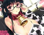  adjusting_eyewear animal_ears animal_print bell bell_collar black_hair blush braid breasts cleavage coin_rand collar cow_bell cow_ears cow_girl cow_print cow_tail dutch_angle glasses huge_breasts indoors long_hair navel open_mouth original red_eyes single_braid solo tail underwear underwear_only 