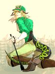  blonde_hair boots diego_brando gloves green_shirt hat highres jojo_no_kimyou_na_bouken male_focus scary_monsters_(stand) shirt solo stand_(jojo) steel_ball_run sweater tail turtleneck yutaroo000 