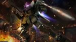  absurdres artist_request assault_visor battle beam_rifle building company_name copyright_notice debris energy_gun explosion fake_screenshot fire firing gm_striker gundam gundam_battle_operation_2 highres holding holding_weapon machinery mecha mecha_focus missile mobile_suit msv-r:_the_return_of_johnny_ridden no_humans purple_visor realistic robot science_fiction solo sunrise_(company) thrusters weapon 