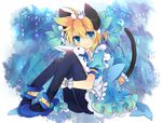  animal_ears black_legwear blonde_hair blue_eyes blush bunny cat_ears cat_tail catboy crossdressing dress full_body kagamine_len leeannpippisum male_focus otoko_no_ko pantyhose smile solo tail vocaloid 