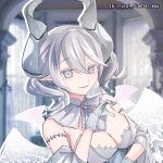  1girl absurdres armlet breasts collarbone corset cowboy_shot demon_girl demon_horns demon_wings detached_collar drill_hair duel_monster earrings gloves grey_eyes grey_hair heart heart-shaped_pupils highres horns jewelry large_breasts looking_at_viewer lovely_labrynth_of_the_silver_castle open_mouth pointy_ears rufighter86 smile solo symbol-shaped_pupils transparent_wings twin_drills upper_body white_gloves wings yu-gi-oh! 