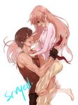  1girl barefoot blush brown_hair bruise carrying closed_eyes couple gloves happy hetero hika hug injury kazuma_(scryed) long_hair older scryed smile yuuta_kanami 