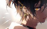  1boy adam&#039;s_apple arknights black_hair chain chain_necklace chinese_commentary close-up commentary_request dark-skinned_male dark_skin ear_focus earrings eyebrow_piercing from_side highres jewelry lens_flare light_particles lip_piercing looking_at_viewer looking_to_the_side necklace open_mouth orange_eyes piercing ponytail shieryue164 short_hair simple_background solo thorns_(arknights) 