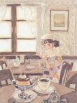  1girl black_hair blue_eyes bow cafe carrie_(carriedraw) chair cherry cup eyelashes feather_boa floral_print floral_print_kimono food fruit hat hat_bow highres indoors japanese_clothes kimono original patterned_clothing plate print_kimono pudding solo table teacup teapot traditional_media updo vase wallpaper_(object) whipped_cream white_bow white_hat window 