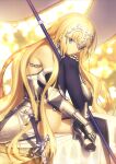  1girl armor armored_shoes banner bare_shoulders black_gloves blonde_hair breasts chain dress elbow_gloves fate/grand_order fate_(series) foot_out_of_frame fur-trimmed_gloves fur_trim gauntlets gloves headpiece high_heels jeanne_d'arc_(fate) jeanne_d'arc_(ruler)_(fate) jeanne_d'arc_(third_ascension)_(fate) knee_up long_hair looking_at_viewer looking_to_the_side luminosite_eternelle official_art one_eye_covered purple_thighhighs shoes side_slit sideboob sidelocks silver_shoes sitting smile solo sword sword_of_st._catherine_(fate) takeuchi_takashi thighhighs third-party_source very_long_hair weapon white_dress yellow_background 
