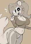 2025 4_fingers anthro bangs big_breasts black_eyes breasts buckteeth buxy chest_tuft cleavage clothed clothing collarbone crop_top deep_navel digital_media_(artwork) eyelashes female fingers fur glistening glistening_breasts glistening_clothing greyscale hair hi_res izzy_(buxy) leggings legwear long_sleeve_shirt mammal midriff monochrome navel open_mouth open_smile ponytail pupils rodent sciurid shirt smile solo teeth topwear tree_squirrel tuft white_pupils
