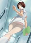  ahoge ass boots breasts brown_hair ceiling clipboard covered_nipples crossed_legs dutch_angle from_behind from_below gluteal_fold_peek green_eyes harada_makoto highres kneepits kyodairobo large_breasts looking_back looking_down medic nurse open_mouth panties panties_under_pantyhose pantyhose pantyshot pantyshot_(standing) pink_panties solo standing uchuu_senkan_yamato uchuu_senkan_yamato_2199 underwear upskirt watson_cross white_legwear 