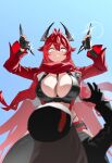  &lt;|&gt;_&lt;|&gt; 2girls beret between_breasts black_gloves breasts brown_hair cleavage fingerless_gloves gloves goddess_of_victory:_nikke hair_between_eyes hat highres horns jacket large_breasts leather leather_jacket long_hair long_sleeves mechanical_horns multiple_girls rapi_(nikke) red_eyes red_hair red_hood_(nikke) red_scarf scarf smile strap_between_breasts unzipped wge 