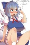  alternate_breast_size blue_eyes blue_hair blush bow breasts cirno dress english flustered hair_bow hair_twirling huge_breasts ice ice_wings magister_(medical_whiskey) open_mouth panties pantyshot pantyshot_(sitting) rejection round_teeth short_dress short_hair sitting solo stutter teeth thighs touhou tsundere underwear upskirt wings 