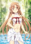  :o armband asuna_(sao) braid breasts brown_eyes brown_hair choker crop_top ear_covers gekato half_updo highres long_hair looking_at_viewer medium_breasts navel nipples no_panties pointy_ears ribbon see-through shiny shiny_skin solo sparkle sword_art_online titania_(sao) water wet wet_clothes 