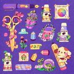 artist_name chibi dog ellievsbear english_commentary english_text eraser highres marker no_humans original paint paint_tube pen pencil plant poster_(object) purple_background scissors signature simple_background smile spirit tape 