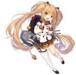  1girl :d ^_^ animal_ear_fluff animal_ears asymmetrical_legwear azur_lane back backpack bag bag_charm bandaid bandaid_on_knee bangs black_footwear blue_jacket blush brown_skirt charm_(object) closed_eyes eyebrows_visible_through_hair eyes_closed fang fur-trimmed_sleeves fur_collar fur_trim green_eyes hair_between_eyes hands_up head_tilt jacket kneehighs light_brown_hair lion_ears lion_girl lion_tail loafers long_hair long_sleeves makinami_(azur_lane) official_art open_mouth philomelalilium pleated_skirt randoseru shoes sidelocks single_kneehigh single_thighhigh skirt smile tail thighhighs transparent_background twintails very_long_hair white_legwear 