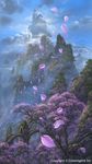  castle cherry_blossoms cloud landscape mountain no_humans petals scenery sky tenkuu_no_crystalia tree uchio_kazumasa 