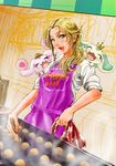  :d baking blonde_hair blush cooking food futari_wa_precure futari_wa_precure_max_heart goru_(cure_golgom) green_eyes kujou_hikari long_hair looking_at_viewer lulun open_mouth porun precure shirt sleeves_pushed_up sleeves_rolled_up smile steam stove sweets takoyaki upper_body 