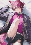  1boy animal_ear_fluff animal_ears arm_up bed_sheet belt_buckle belt_collar black_hair black_shirt black_shorts black_socks buckle collar collared_shirt commentary doppio_dropscythe doppio_dropscythe_(1st_costume) feet_out_of_frame hair_behind_ear highres jacket kemonomimi_mode long_sleeves looking_down male_focus multicolored_eyes multicolored_hair nijisanji nijisanji_en open_clothes open_collar open_jacket owo_renren parted_lips purple_hair purple_shirt sheet_grab shirt shorts sleeves_past_wrists slit_pupils socks solo streaked_hair tail unzipped virtual_youtuber white_collar white_hair wing_collar zipper 