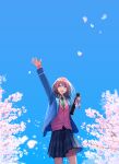  1girl anzu_(ensemble_stars!) arm_up blue_eyes blue_jacket blue_skirt blue_sky brown_hair diploma edamaro0110 ensemble_stars! falling_petals flower green_necktie hair_between_eyes highres holding holding_diploma jacket long_hair long_sleeves looking_at_viewer necktie open_mouth petals pink_flower pink_vest plaid_clothes plaid_skirt school_uniform skirt sky smile solo vest waving 