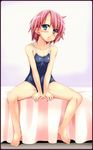  barefoot bed blue_eyes blush chestnut_mouth one-piece_swimsuit original pink_hair school_swimsuit shiwo short_hair sitting solo spread_legs swimsuit v_arms 