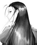  1boy absurdres closed_mouth from_behind greyscale highres hunter_x_hunter illumi_zoldyck long_hair looking_at_viewer looking_back male_focus monochrome solo white_background yonq98 