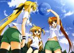  3girls absurdres ass blonde_hair bloomer blue_eyes buruma child fate_testarossa gym_uniform hair_ribbon heterochromia highres long_hair lyrical_nanoha mahou_shoujo_lyrical_nanoha mahou_shoujo_lyrical_nanoha_strikers mahou_shoujo_lyrical_nanoha_vivid multiple_girls okuda_yasuhiro open_mouth red_eyes ribbon smile takamachi_nanoha teenage thighhighs thighs tongue vivio 