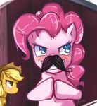  blonde_hair blue_eyes blush cowboy_hat duo equine evil_grin facial_hair female feral freckles friendship_is_magic fur green_eyes hair hat horse hua113 mammal mustache my_little_pony orange_fur pink_fur pink_hair pinkie_pie_(mlp) pony signature smile 