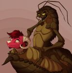 anonymous_artist antennae_(anatomy) anthro arthropod arthropod_abdomen arthropod_abdomen_genitalia arthropod_abdomen_penis arthropod_abdomen_vore blattodea cockroach dragon duo edgar_the_bug exoskeleton facial_hair feral genitals genjii_(character) hair horn insect male male/male myriapod mythological_creature mythological_scalie mythology nude open_mouth penis red_body scalie simple_background solo teeth vore yellow_eyes