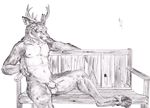  antlers balls bench black_and_white cervine deer eyes_closed flaccid greyscale hooves horn male mammal monochrome nipples nude penis pose raised_leg scan semiotica sheath sitting sketch solo spread_legs spreading traditional_media wood 