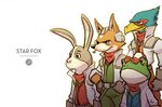  avian blue_eyes blue_feathers canine clothing english_text falco_lombardi falcon fox fox_mccloud fur gloves green_skin grey_fur group hat jake_parker lagomorph male mammal nintendo orange_fur peppy_hare plain_background rabbit red_eyes slippy_toad star_fox text toad video_games white_background white_fur 