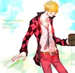  1boy argyle argyle_shirt belt birthday blonde_hair cigarette collared_shirt cup hair_over_one_eye kitano male male_focus mug necktie one_piece one_piece_film_z open_collar red_pants sanji shirt smile smoking solo wallet_chain white_shirt wind 