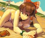  bangle beach bikini blonde_hair bow bracelet braid breasts broom brown_hair crab hair_bow hair_tubes hakurei_reimu hand_on_hip hat jewelry kirisame_marisa kousaku looking_at_viewer lying medium_breasts multiple_girls on_side sand short_hair smile swimsuit touhou witch_hat yellow_eyes 