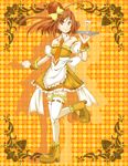  alcohol alternate_costume bare_shoulders boots choker cocktail_glass cup cure_sunny drinking_glass earrings hair_bun hair_ornament hair_ribbon hino_akane_(smile_precure!) jewelry kasetsu magical_girl maid necktie orange_(color) orange_background orange_eyes orange_hair orange_neckwear orange_skirt precure ribbon short_hair skirt smile smile_precure! solo thighhighs 