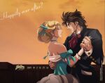  1boy 1girl anime_coloring ascot black_jacket blonde_hair blue_bow blue_choker blue_dress bow brown_hair choker dress english_text erina_pendleton from_side gloves holding_hands jacket jewelry jojo_no_kimyou_na_bouken jonathan_joestar looking_at_another multicolored_dress phantom_blood phantom_blood_(film) red_ascot ring screegdbz tuxedo upper_body waltz_(dance) white_dress white_gloves 